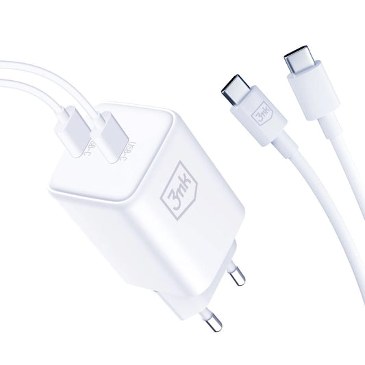 3MK HyperCharger omrežni polnilnik s kablom USB-C, 45 W, 3A, 2 x USB-C, bel