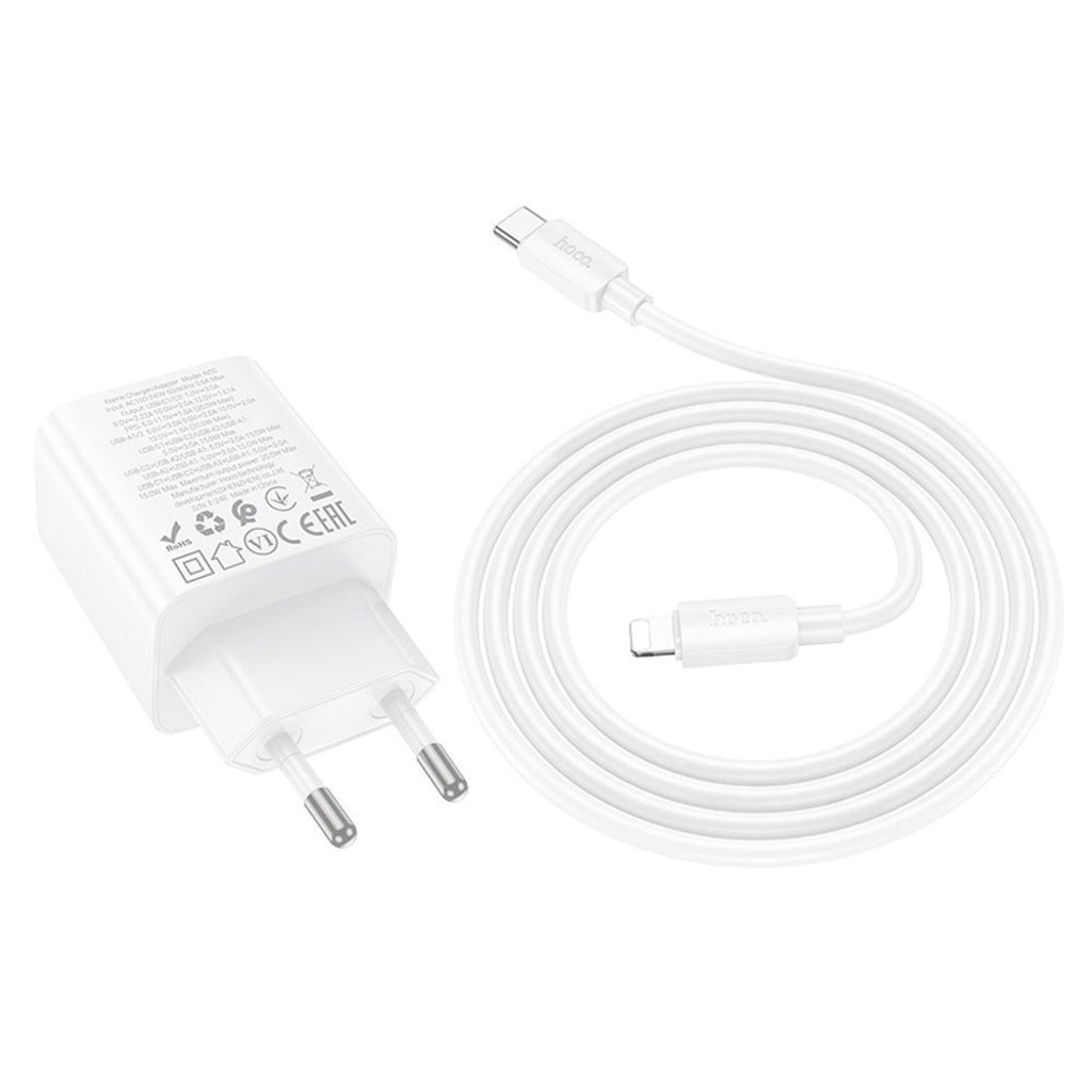 Polnilnik omrežja s kablom Lightning HOCO N56, 30W, 3A, 2 x USB-A - 2 x USB-C, Bel
