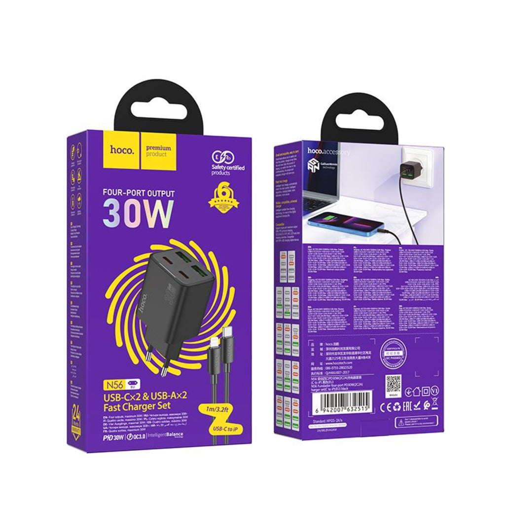 Polnilnik omrežja s kablom Lightning HOCO N56, 30W, 3A, 2 x USB-A - 2 x USB-C, črn