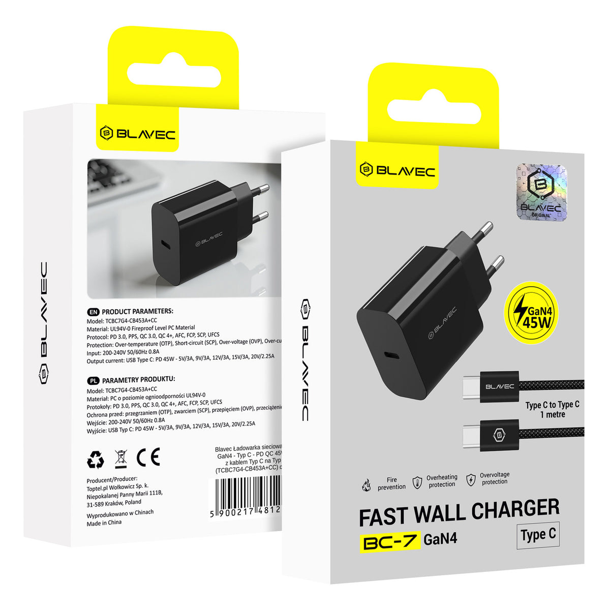 Blavec BC-7 Network Charger with USB-C Cable, 45W, 3A, 1 x USB-C, Black