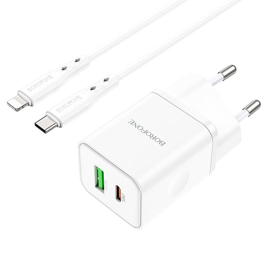 Polnilnik Borofone BN7 z Lightning kablom, 20W, 3A, 1 x USB-A - 1 x USB-C, bel