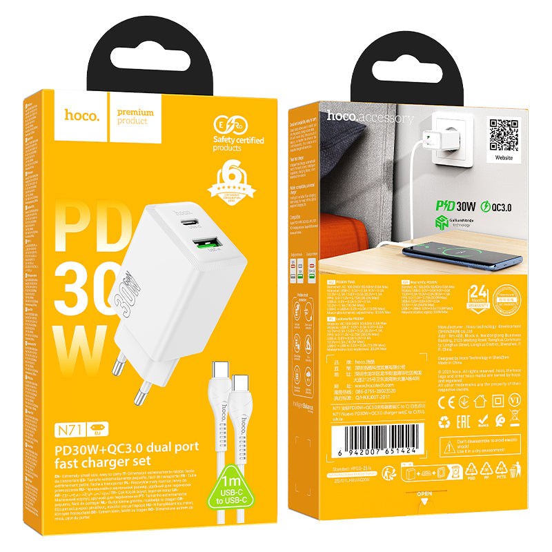 Polnilnik omrežja s kablom USB-C HOCO N71, 30W, 3A, 1 x USB-A - 1 x USB-C, bel