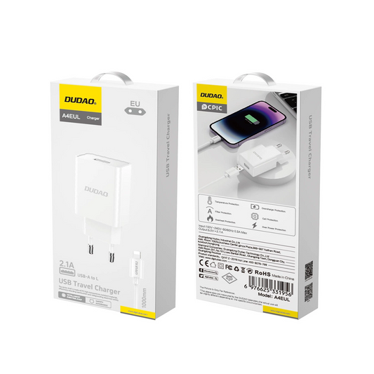 Polnilnik omrežja z Lightning kablom Dudao A4EU, 10W, 2.1A, 1 x USB-A, Bel