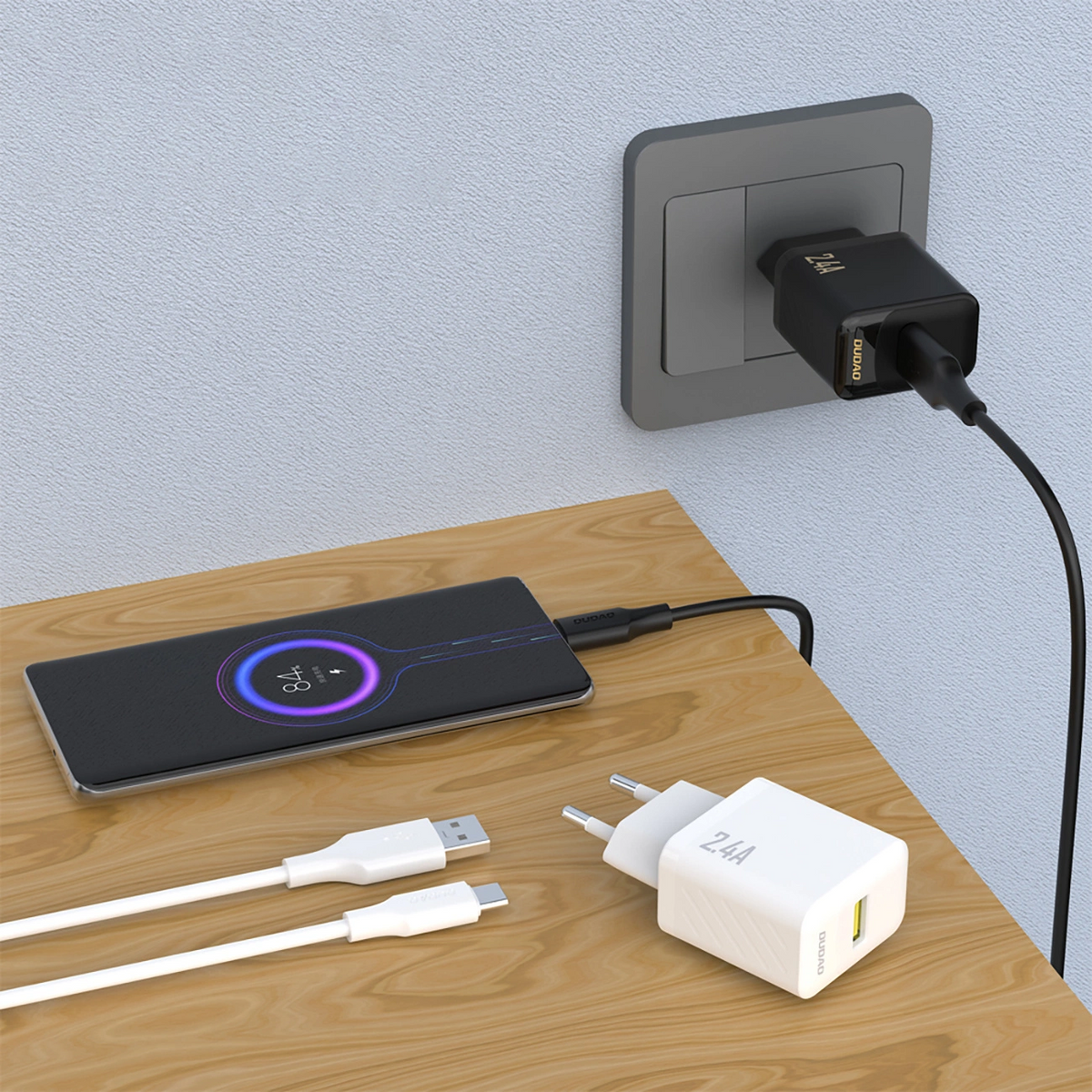 Omrežni polnilec z USB-C kablom Dudao A23TEU, 12W, 2.4A, 1 x USB-A, bel