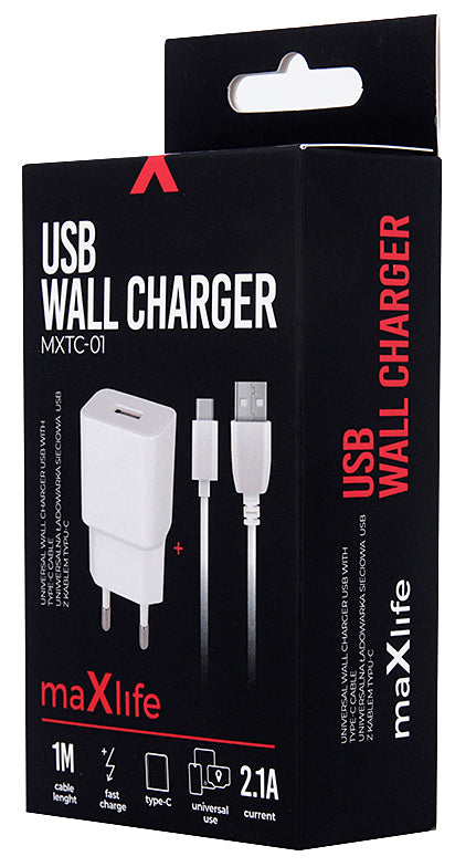 Omrežni polnilec z USB-C kablom MaXlife MXTC-01, 10,5W, 2,1A, 1 x USB-A, bel