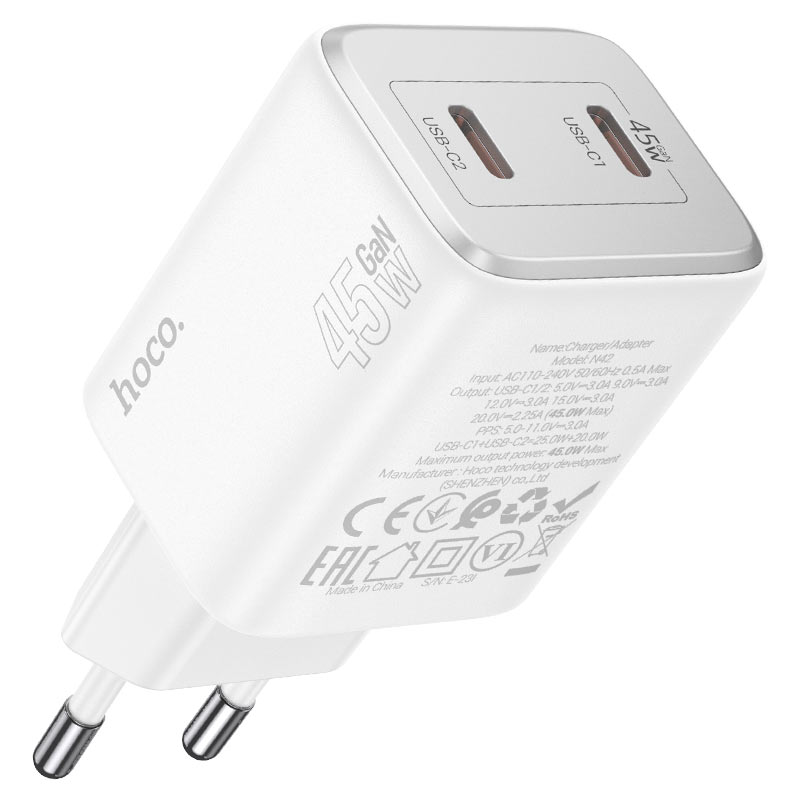 Omrežni polnilnik s kablom Lightning HOCO N42, 45 W, 3A, 2 x USB-C, bel