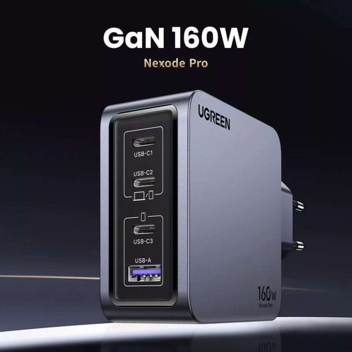 Omrežni polnilec z USB-C kablom UGREEN X763 Nexode Pro, 160W, 3.25A, 1 x USB-A - 3 x USB-C, Siv