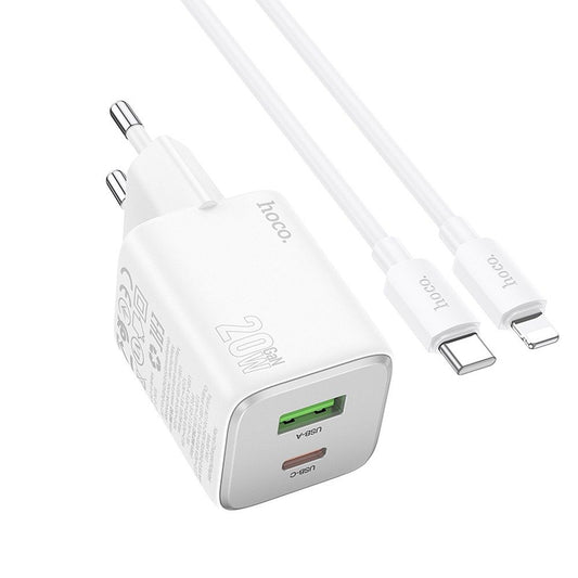 Polnilnik omrežja s kablom Lightning HOCO N41, 20W, 3A, 1 x USB-A - 1 x USB-C, bel