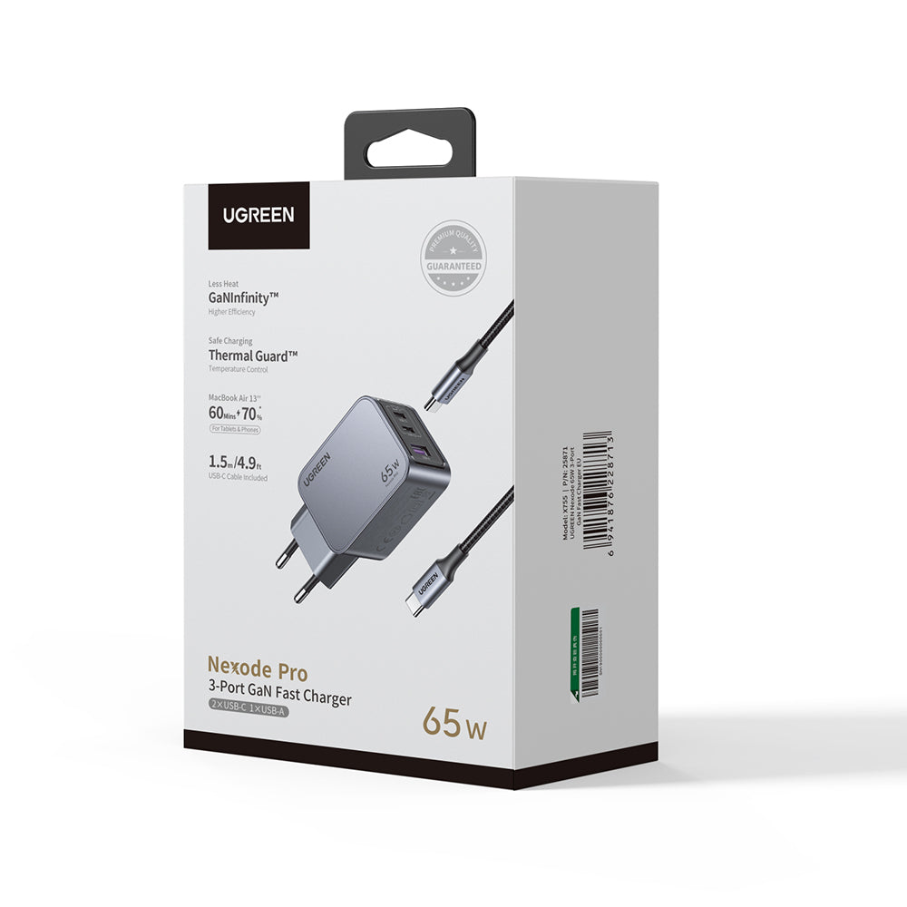 Polnilnik omrežja s kablom USB-C UGREEN X755 Nexode Pro, 65W, 3A, 1 x USB-A - 2 x USB-C, siv