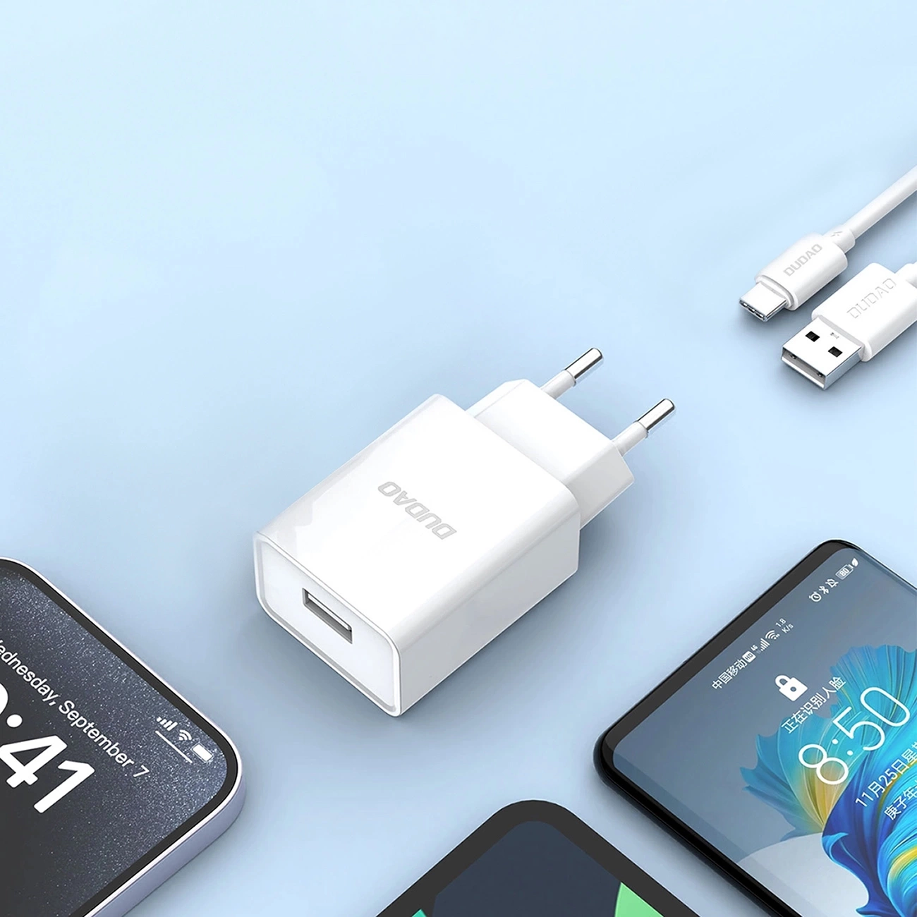 Polnilnik omrežja s kablom USB-C Dudao A4EU, 10W, 2.1A, 1 x USB-A, Bel