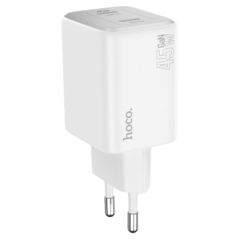 Omrežni polnilnik s kablom Lightning HOCO N42, 45 W, 3A, 2 x USB-C, bel