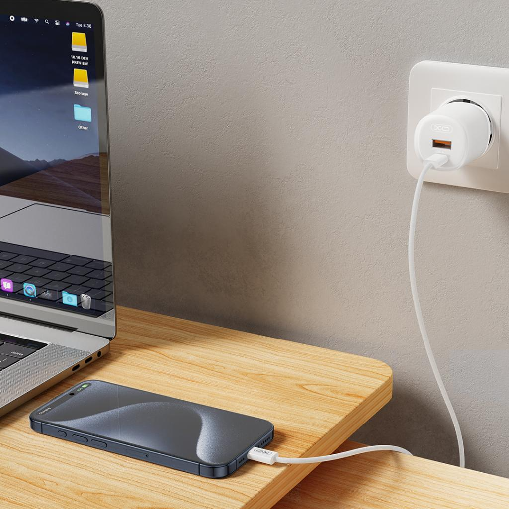 Omrežni polnilec s kablom USB-C XO Design L151, 30W, 3A, 1 x USB-A - 1 x USB-C, Bel