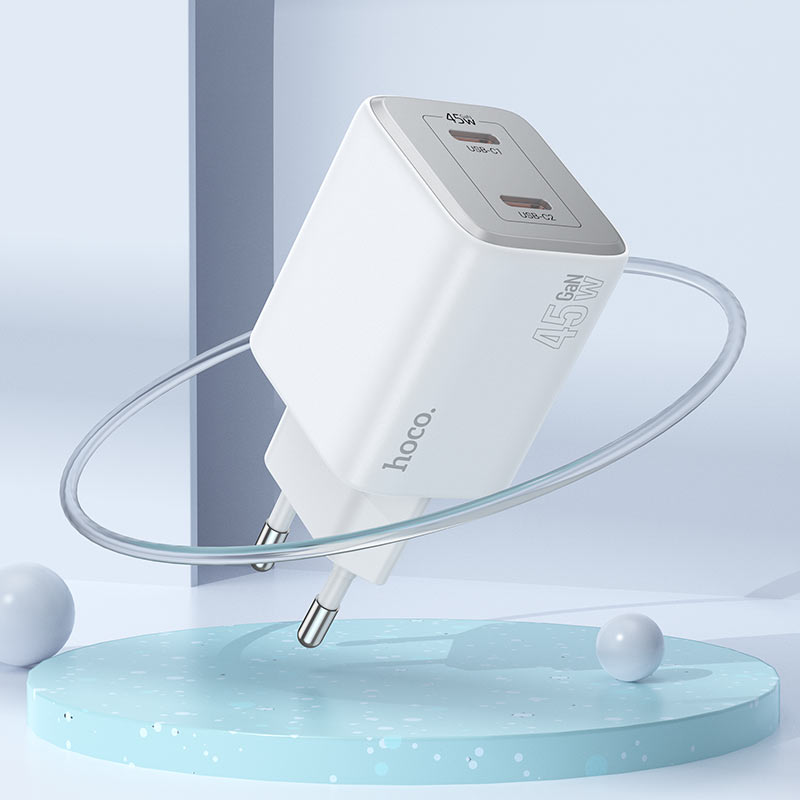 Omrežni polnilnik s kablom Lightning HOCO N42, 45 W, 3A, 2 x USB-C, bel