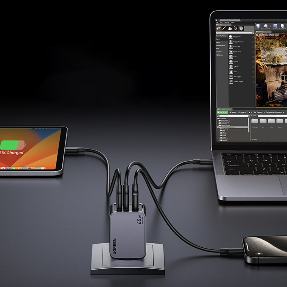 Polnilnik omrežja s kablom USB-C UGREEN X755 Nexode Pro, 65W, 3A, 1 x USB-A - 2 x USB-C, siv