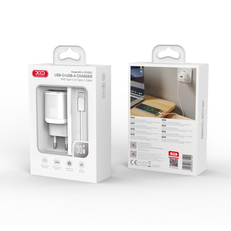 Omrežni polnilec s kablom USB-C XO Design L151, 30W, 3A, 1 x USB-A - 1 x USB-C, Bel