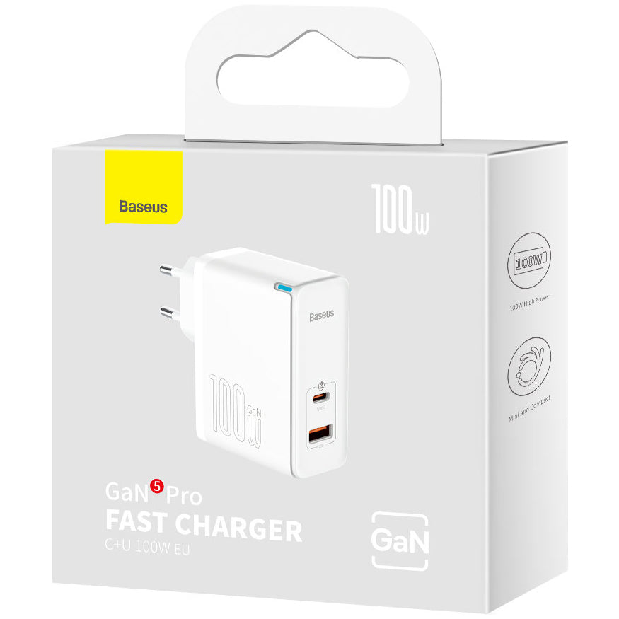 Baseus GaN5 Pro Network Charger with USB-C Cable, 100W, 3A, 1 x USB-A - 1 x USB-C, White CCGP090202
