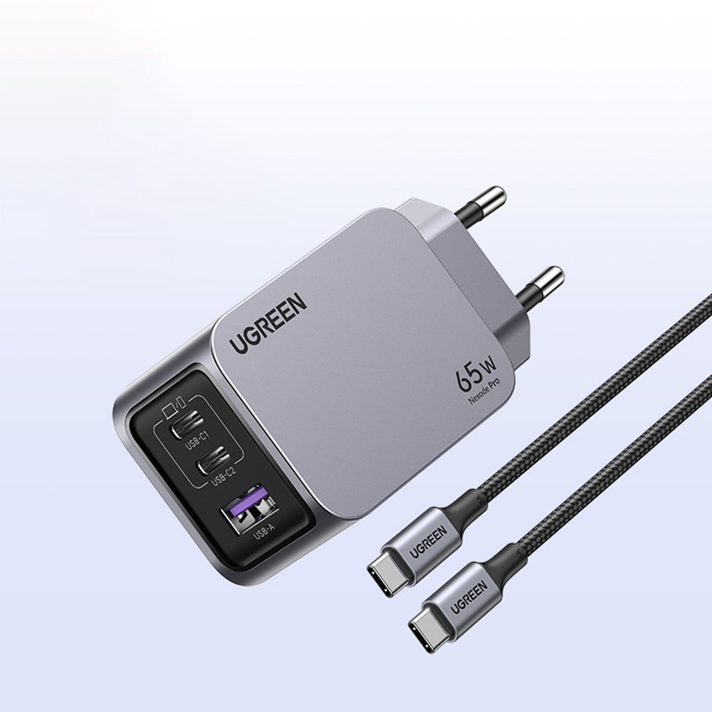 Polnilnik omrežja s kablom USB-C UGREEN X755 Nexode Pro, 65W, 3A, 1 x USB-A - 2 x USB-C, siv