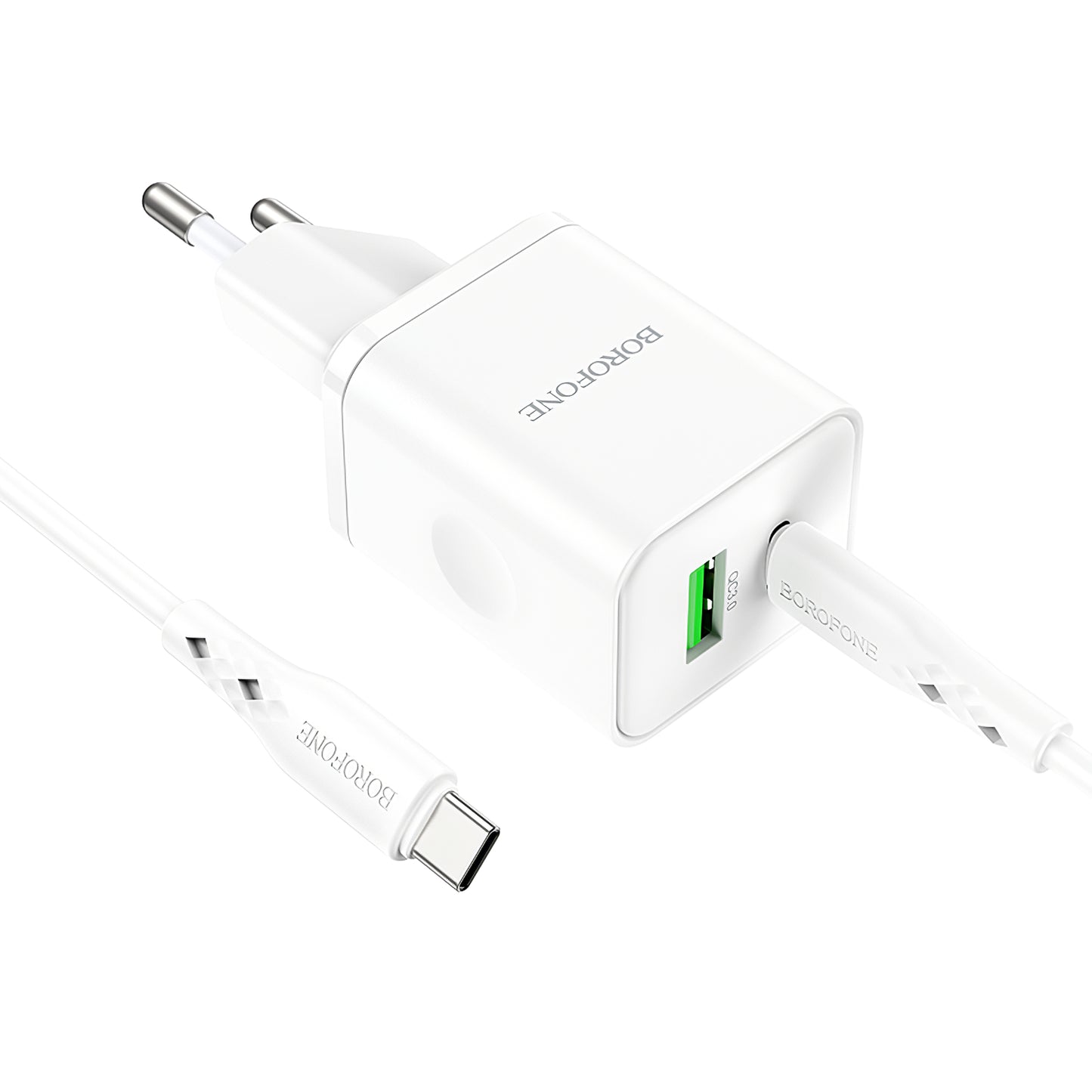 Omrežni polnilnik s kablom USB-C Borofone BN7, 20 W, 3A, 1 x USB-A - 1 x USB-C, bel