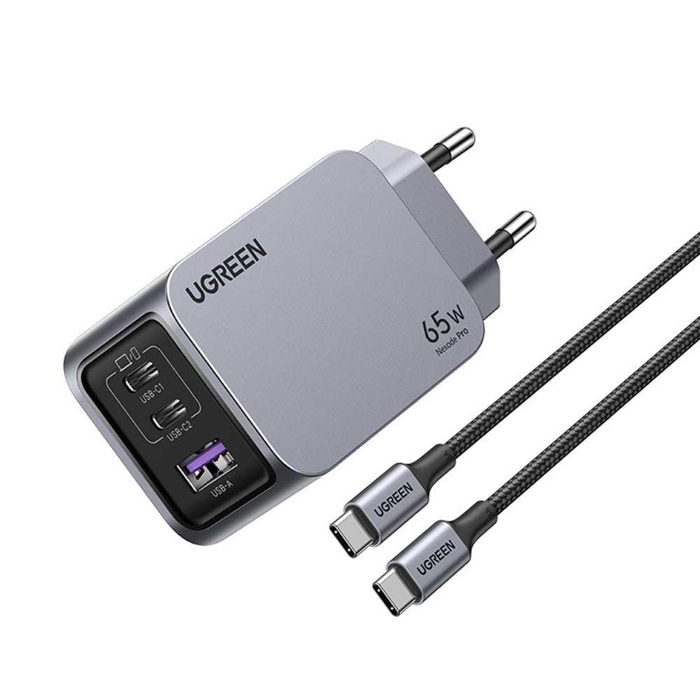 Polnilnik omrežja s kablom USB-C UGREEN X755 Nexode Pro, 65W, 3A, 1 x USB-A - 2 x USB-C, siv