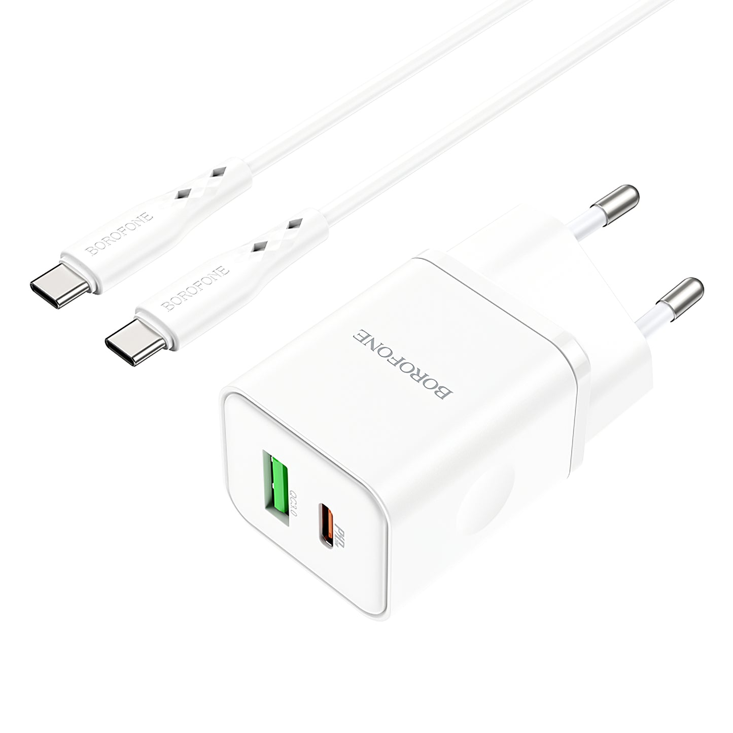 Omrežni polnilnik s kablom USB-C Borofone BN7, 20 W, 3A, 1 x USB-A - 1 x USB-C, bel