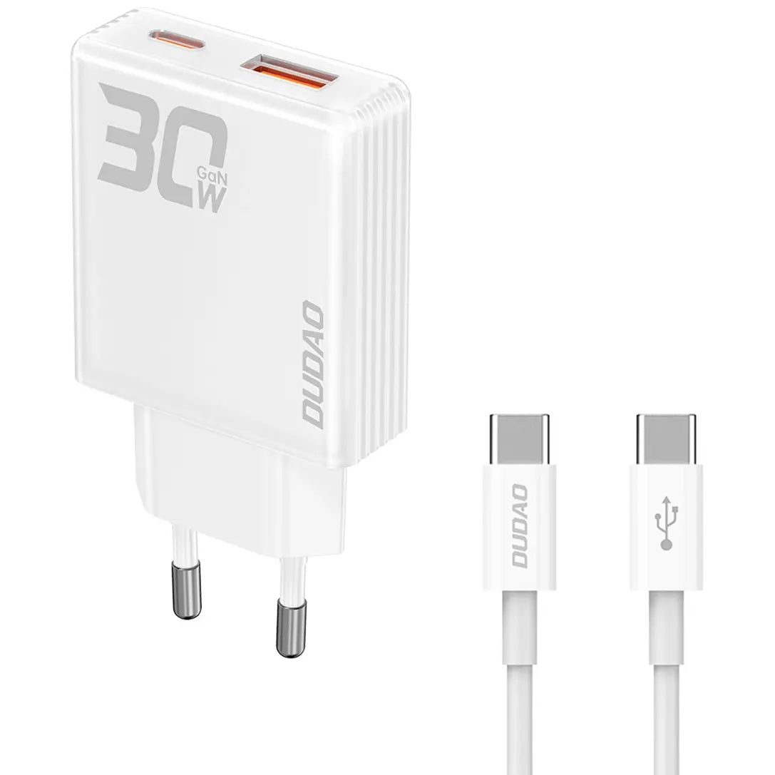 Dudao A30EUT Omrežni polnilnik s kablom USB-C, 30 W, 3A, 1 x USB-A - 1 x USB-C, bel