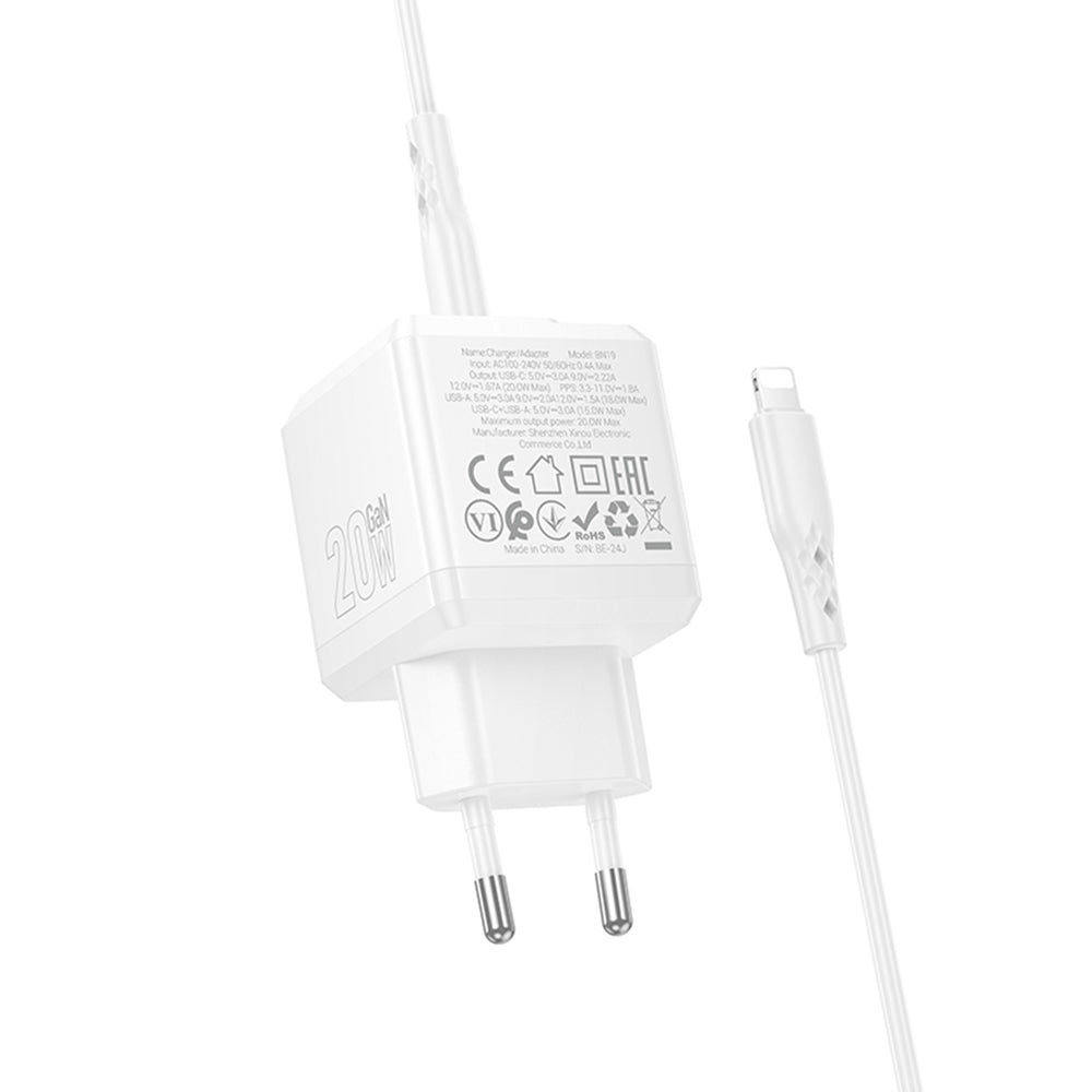 Polnilnik omrežja z Lightning kablom Borofone BN19 Intenso, 20W, 3A, 1 x USB-A - 1 x USB-C, bel