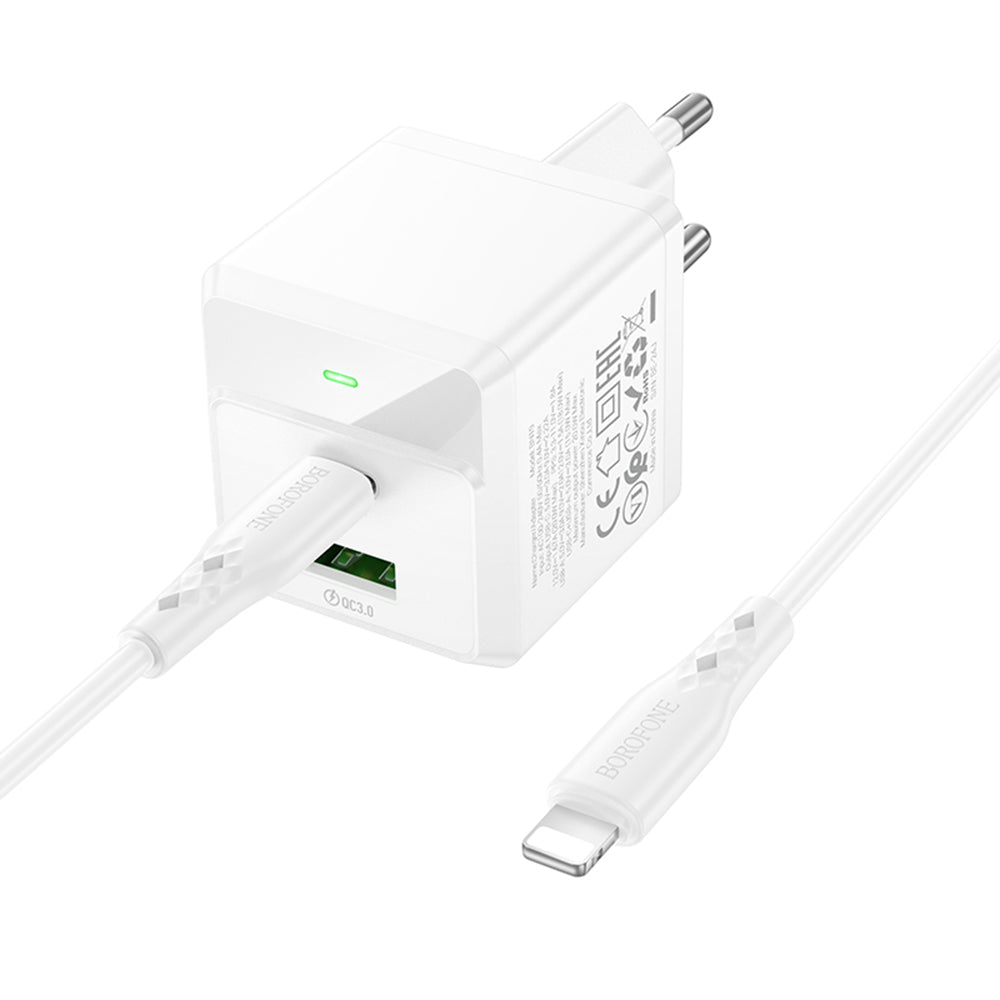 Polnilnik omrežja z Lightning kablom Borofone BN19 Intenso, 20W, 3A, 1 x USB-A - 1 x USB-C, bel