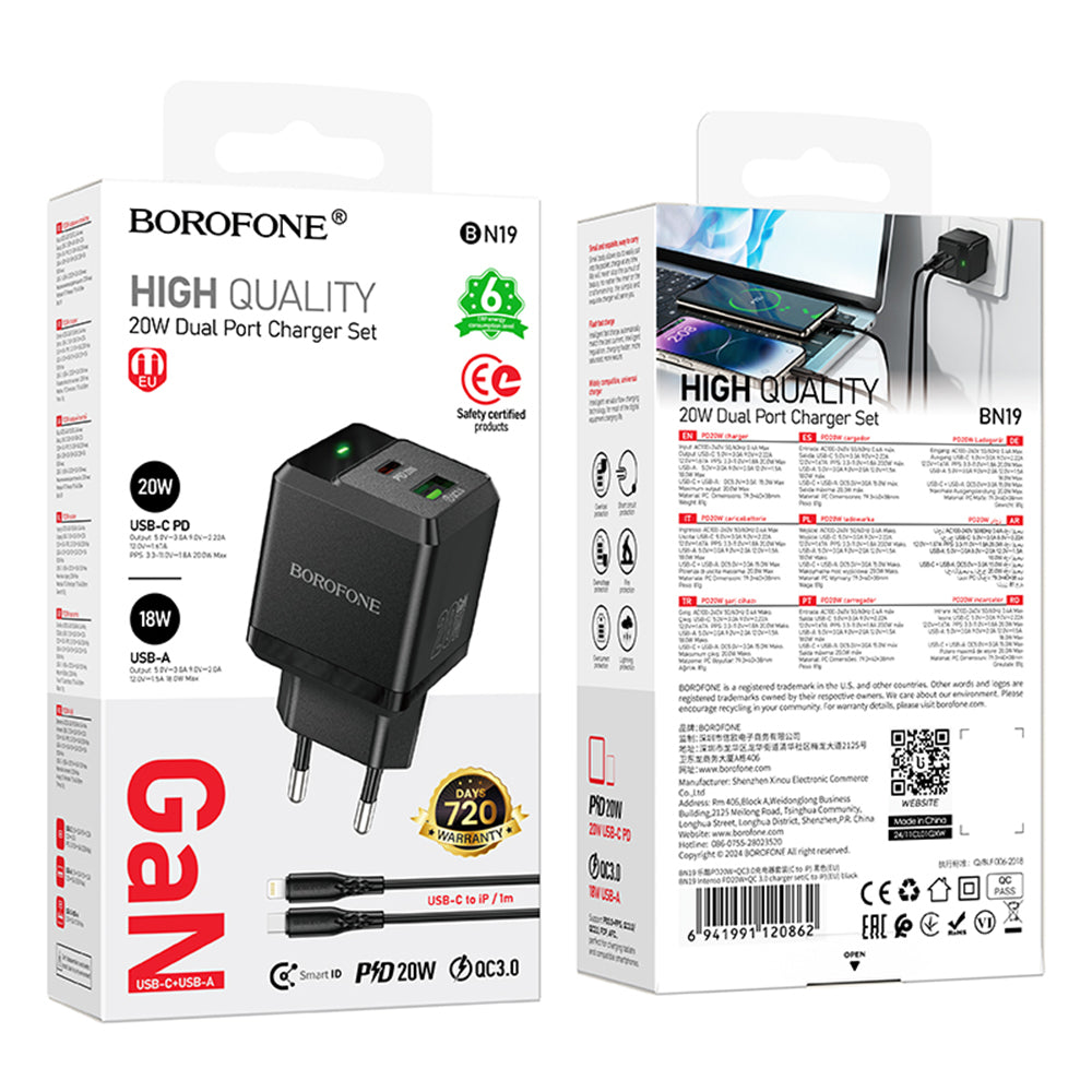 Polnilnik omrežja z Lightning kablom Borofone BN19 Intenso, 20W, 3A, 1 x USB-A - 1 x USB-C, črn
