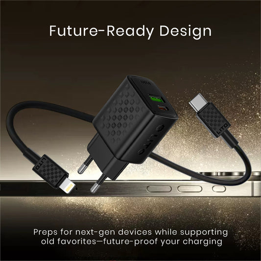 Polnilnik omrežja z Lightning kablom Lito LC15L, 20W, 3A, 1 x USB-A - 1 x USB-C, črn