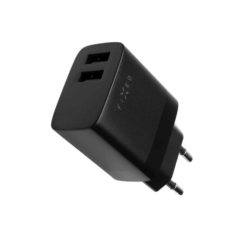 Polnilnik Fixed z mikroUSB kablom, 17W, 3A, 2 x USB-A, črn