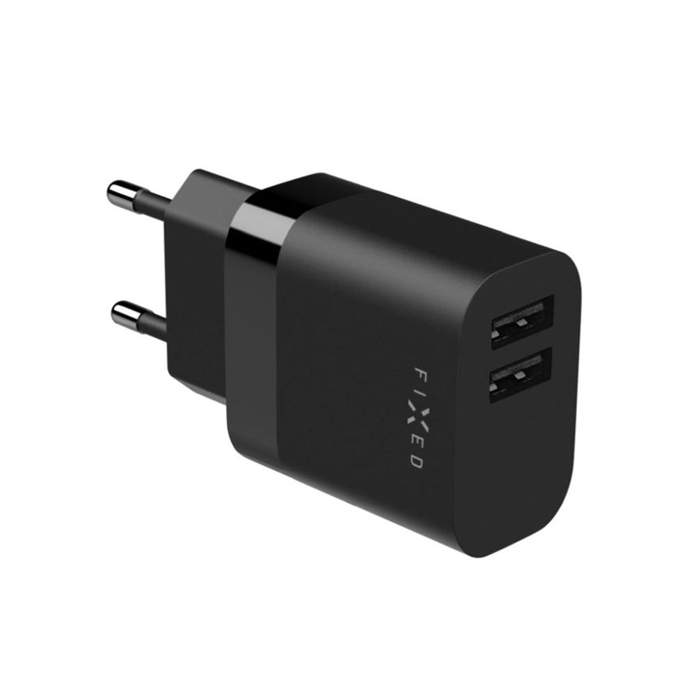 Polnilnik Fixed z mikroUSB kablom, 17W, 3A, 2 x USB-A, črn