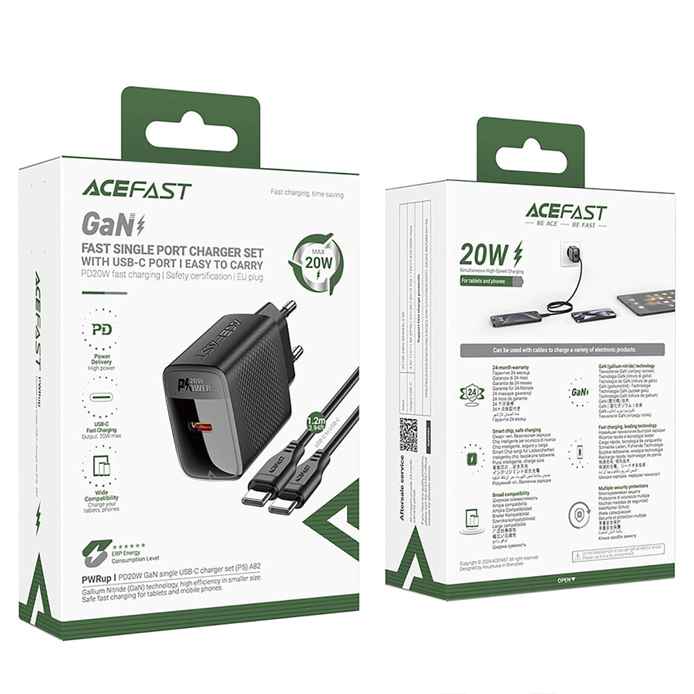 Omrežni polnilec z USB-C kablom Acefast A82, 20W, 3A, 1 x USB-C, črn