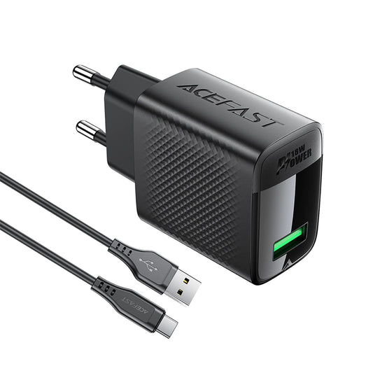 Polnilnik omrežja z USB-C kablom Acefast A90, 18W, 3A, 1 x USB-A, črn