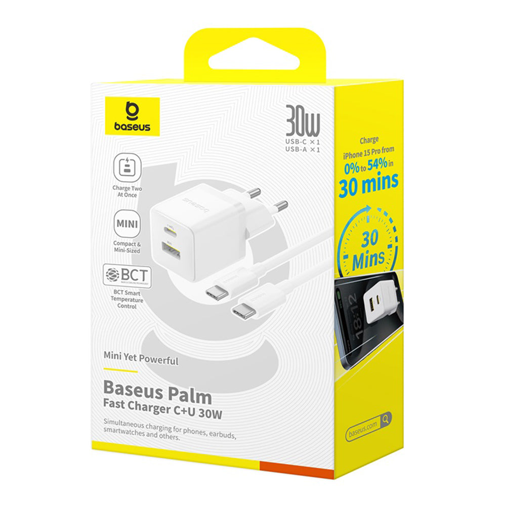 Omrežni polnilec z USB-C kablom Baseus Palm, 30W, 3A, 1 x USB-A - 1 x USB-C, Bel P1011160A213-01