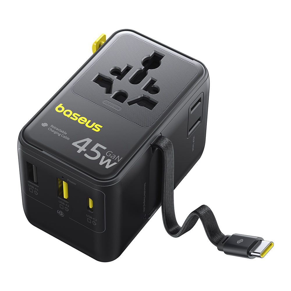 Omrežni polnilec z USB-C kablom Baseus Travel PicoGo AG11, 45W, 2 x vtičnica - 1 x USB-C - 2 x USB-A, črn E0307F00
