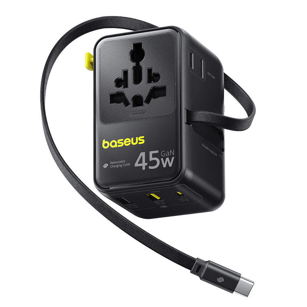 Omrežni polnilec z USB-C kablom Baseus Travel PicoGo AG11, 45W, 2 x vtičnica - 1 x USB-C - 2 x USB-A, črn E0307F00
