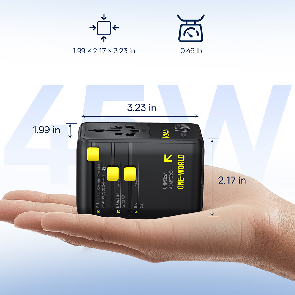 Omrežni polnilec z USB-C kablom Baseus Travel PicoGo AG11, 45W, 2 x vtičnica - 1 x USB-C - 2 x USB-A, črn E0307F00