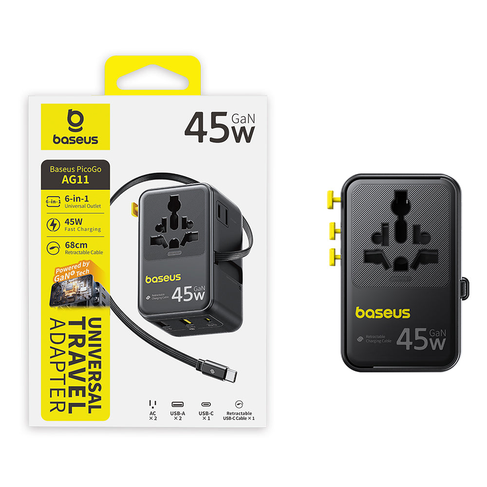 Omrežni polnilec z USB-C kablom Baseus Travel PicoGo AG11, 45W, 2 x vtičnica - 1 x USB-C - 2 x USB-A, črn E0307F00