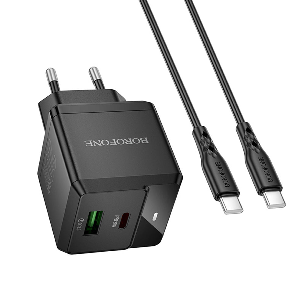 Omrežni polnilec z USB-C kablom Borofone BN19 Intenso, 20W, 3A, 1 x USB-A - 1 x USB-C, črn
