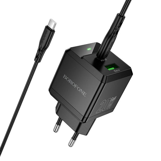 Omrežni polnilec z USB-C kablom Borofone BN19 Intenso, 20W, 3A, 1 x USB-A - 1 x USB-C, črn