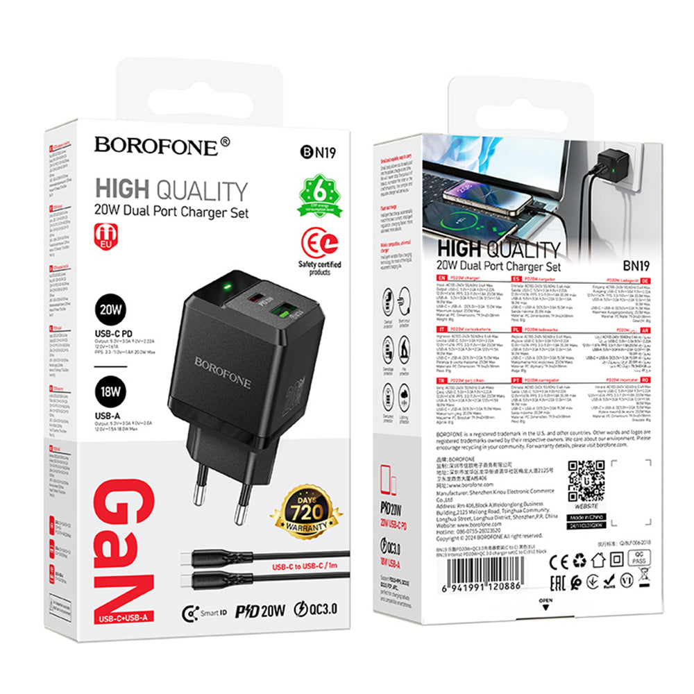 Omrežni polnilec z USB-C kablom Borofone BN19 Intenso, 20W, 3A, 1 x USB-A - 1 x USB-C, črn