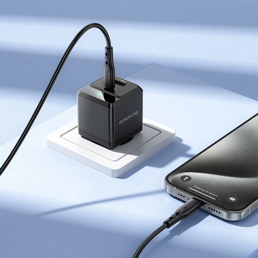 Omrežni polnilec z USB-C kablom Borofone BN19 Intenso, 20W, 3A, 1 x USB-A - 1 x USB-C, črn