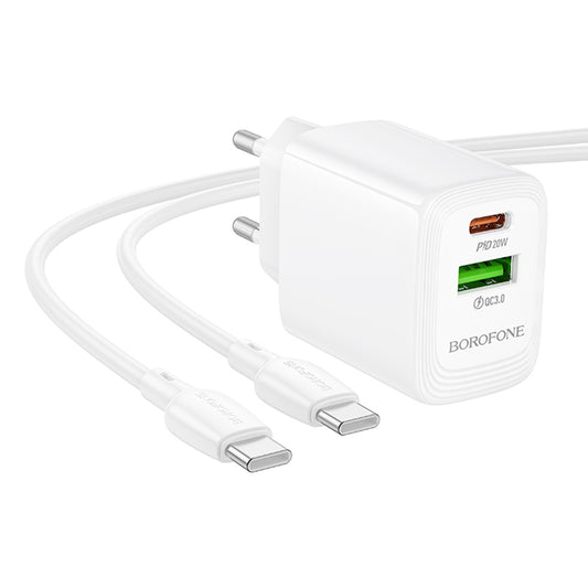 Polnilnik omrežja s kablom USB-C Borofone BN27 Fuente, 20W, 3A, 1 x USB-A - 1 x USB-C, bel