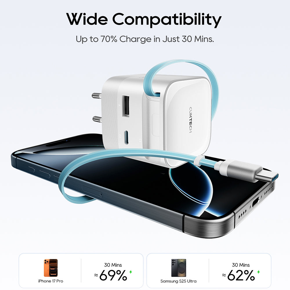 Omrežni polnilec s kablom USB-C Cuktech, 67W, 3,25A, 1 x USB-A - 1 x USB-C, bel CUKA653WEUWT