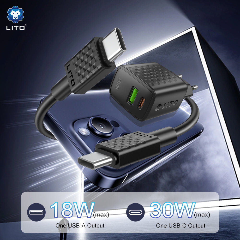 Polnilnik omrežja s kablom USB-C Lito LC19T, 30W, 3A, 1 x USB-A - 1 x USB-C, črn