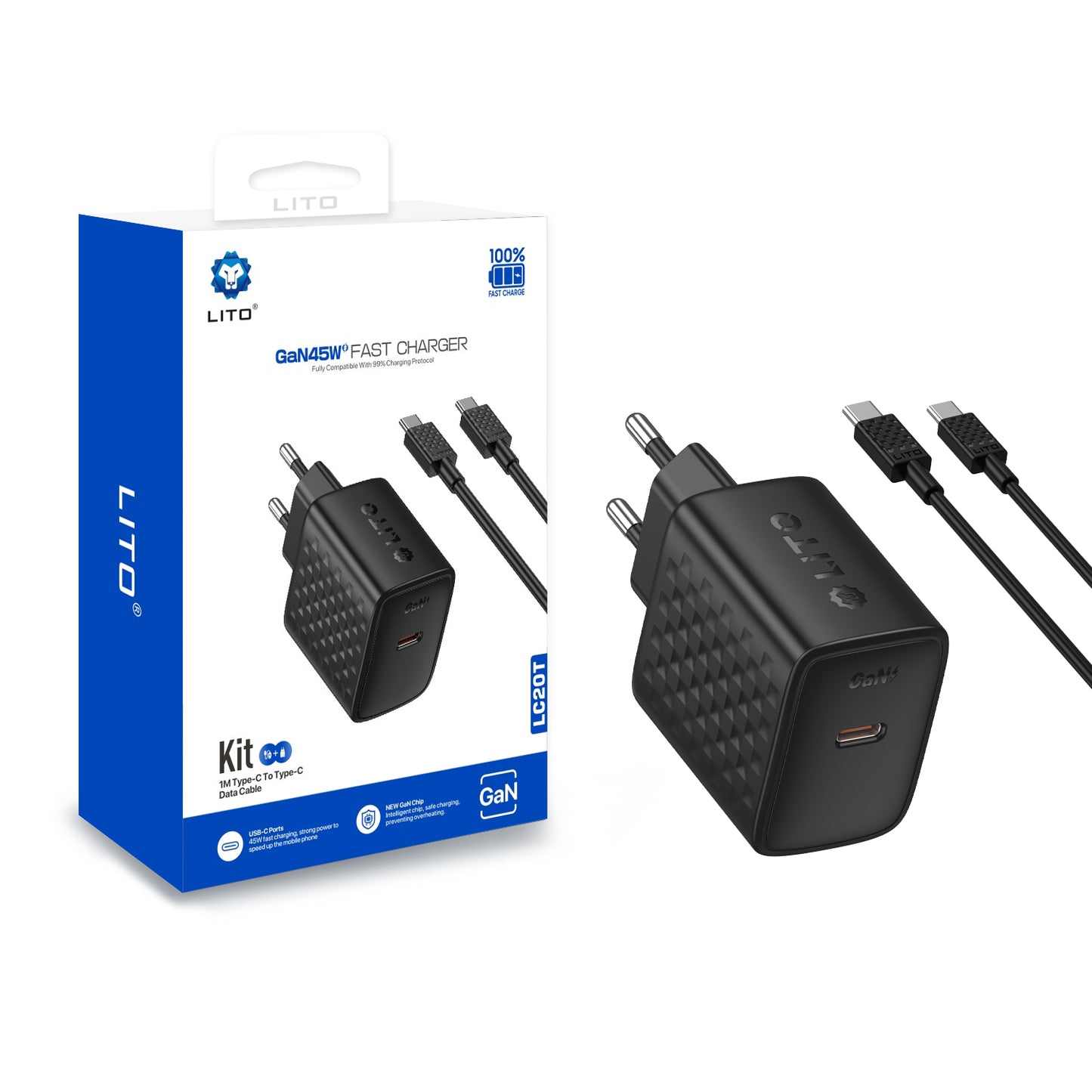 Polnilnik omrežja s kablom USB-C Lito LC20T, 45W, 3A, 1 x USB-C, črn