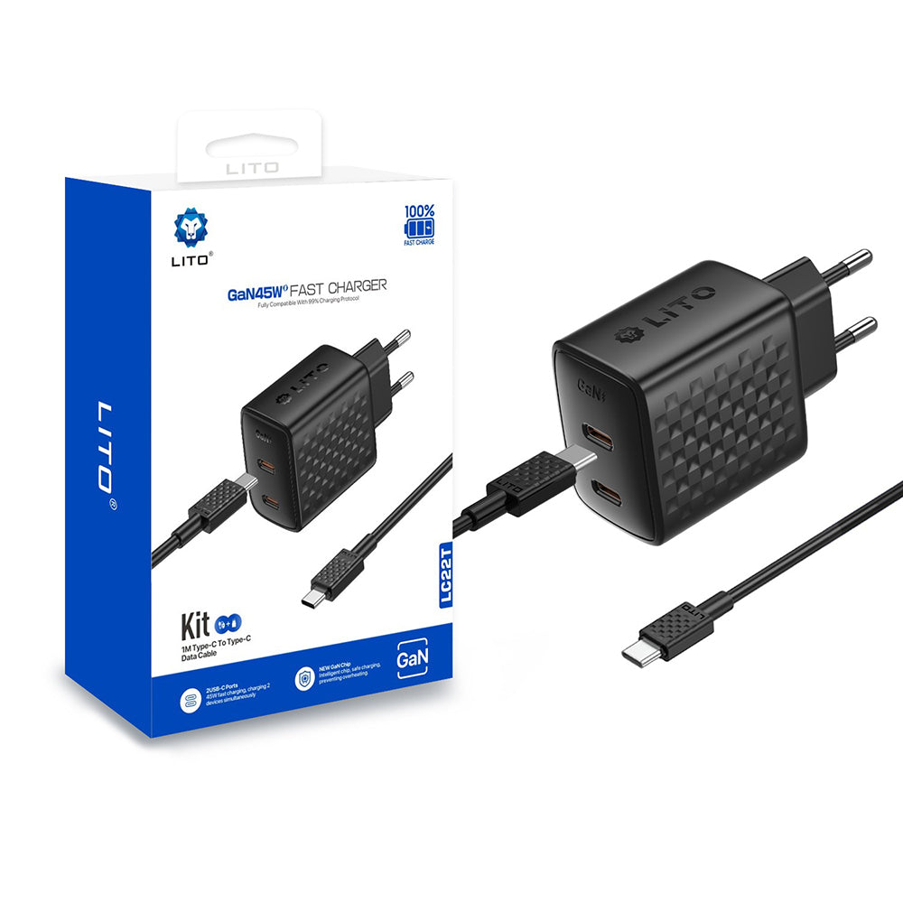 Polnilnik omrežja z USB-C kablom Lito LC22T, 45W, 3A, 2 x USB-C, črn