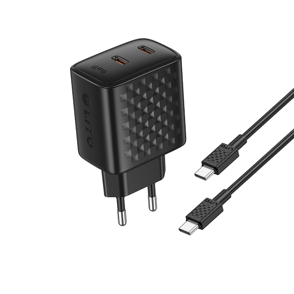 Polnilnik omrežja z USB-C kablom Lito LC22T, 45W, 3A, 2 x USB-C, črn