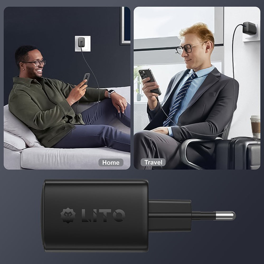 Polnilnik omrežja z USB-C kablom Lito LC22T, 45W, 3A, 2 x USB-C, črn