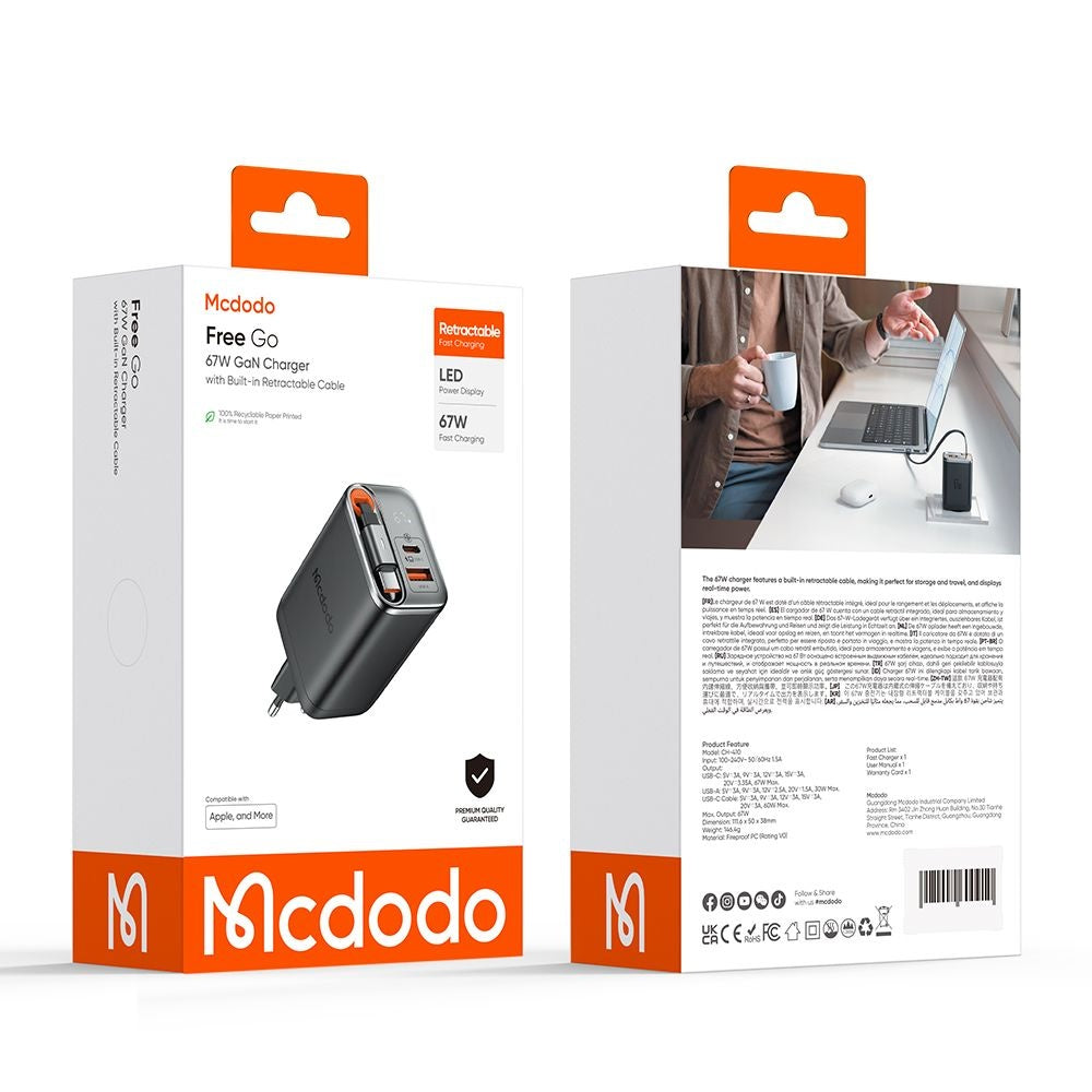 Polnilnik omrežja s kablom USB-C McDodo CH-4100 FreeGo Display, 67W, 3.35A, 1 x USB-A - 1 x USB-C, črn
